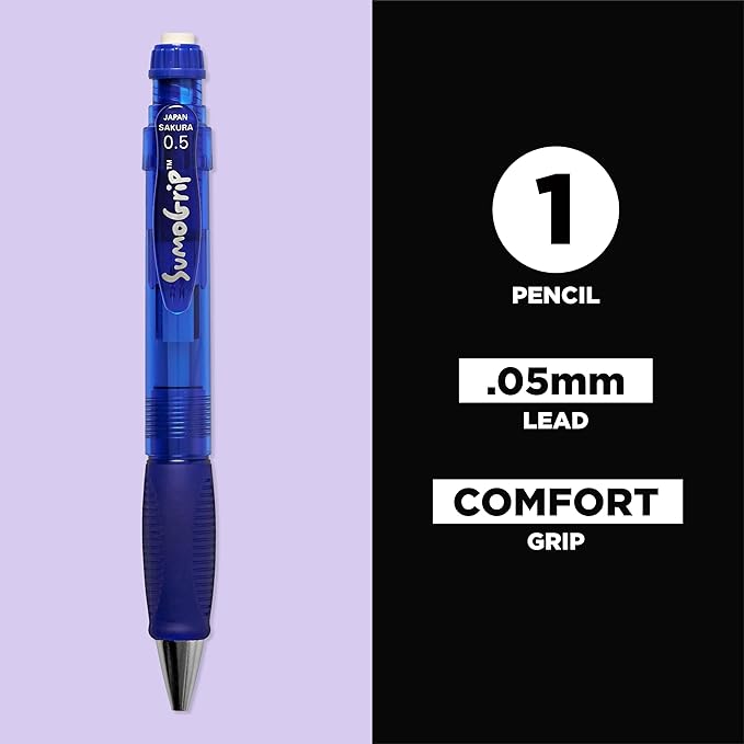 SAKURA 50282 SumoGrip 0.5-mm Pencil with Eraser, Clear Blue