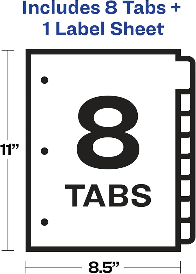 Avery 8 Tab Plastic Dividers for 3 Ring Binder, Easy Print & Apply Clear Label Strip, Index Maker Customizable Frosted White Tabs, 1 Set (11450)