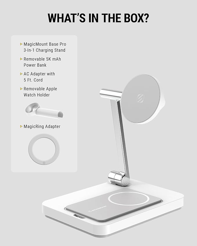 Scosche MSQSPBWT Wireless Charging Station with Removable 5,000mAh Fast USB-C Portable Power Bank for MagSafe iPhone 16/15/14/13/12/AirPods Pro with Apple Watch Charger Stand (Watch Charger Not Incl.)