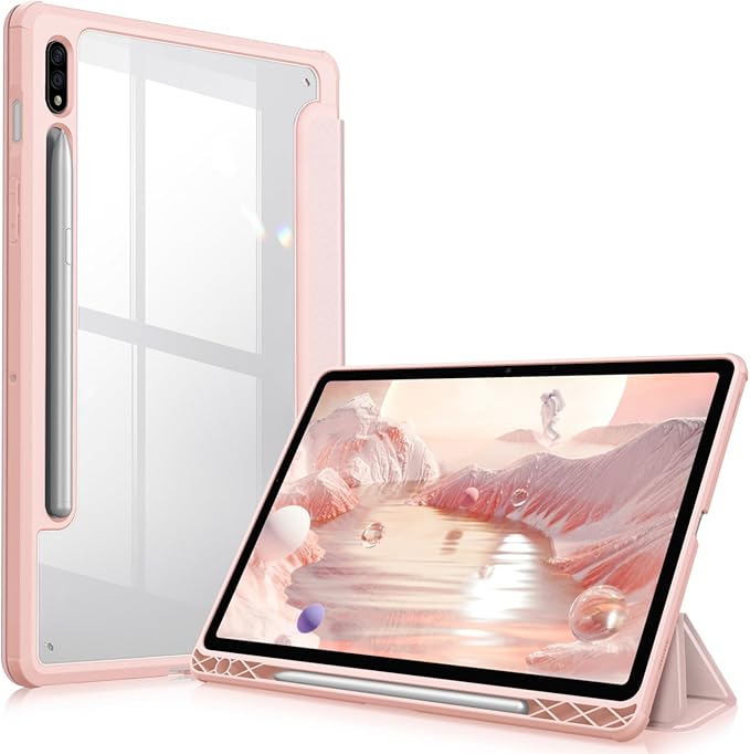Fintie Hybrid Slim Case for Samsung Galaxy Tab S8/Tab S7 11 Inch (Model SM-X700/X706/T870/T875/T878) with S Pen Holder, Shockproof Cover with Clear Transparent Back Shell, Rose Gold