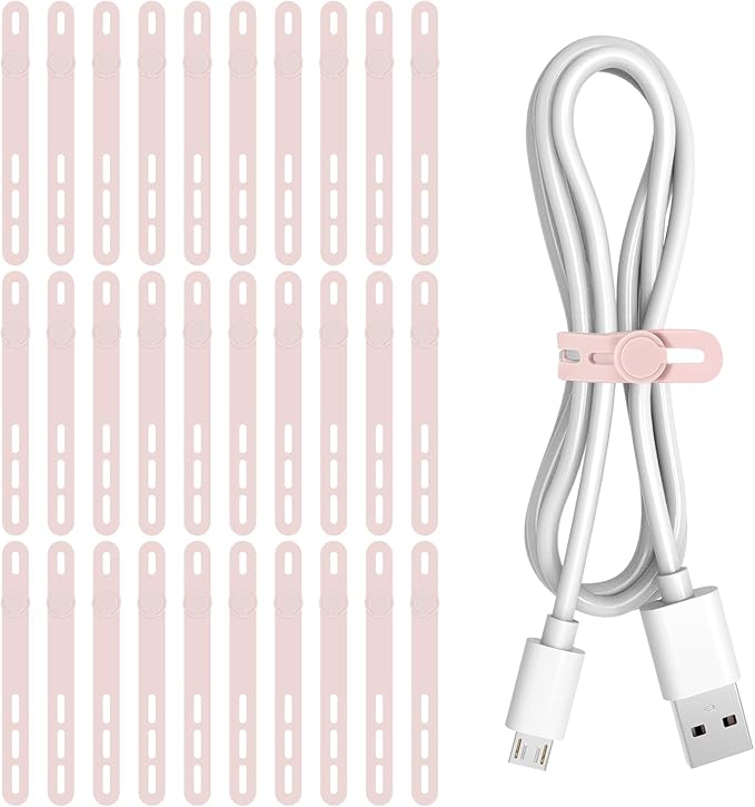 Donruby 30Pcs Silicone Cable Ties - Reusable & Washable with Adjustable Locking Buckles, High Elasticity Cable Management Straps for Home, Office, School, Travel Essential Cord Organizer (Pink)