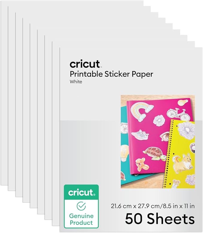 Cricut Printable Sticker Paper for Inkjet Printer - 50 count, US Letter Size (8.5in x 11in) - White - Make Custom Stickers, Personalized Decor, Labels, & More