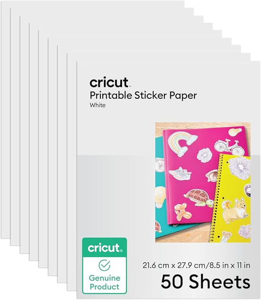 Cricut Printable Sticker Paper for Inkjet Printer - 50 count, US Letter Size (8.5in x 11in) - White - Make Custom Stickers, Personalized Decor, Labels, & More