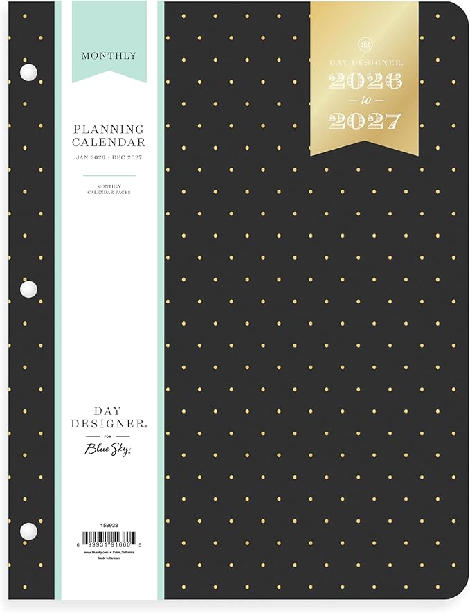 Blue Sky Day Designer 24 Month 2026 Monthly Planner Calendar, January 2026 - December 2027, 8.5" x 11", Flexible Cover, Stapled Binding, Swiss Dot Black