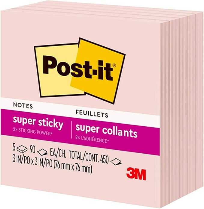 Post-it Super Sticky Notes, 5 Sticky Note Pads, 3 x 3 in., Ideal for Organization in Your Dorm, Home or Office, Single Color Packs Collection, Pink Salt