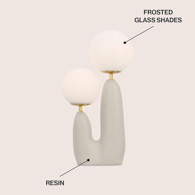 JONATHAN Y 17.75" Almond/Brass Gold Modern Bohemian Danish Cactus LED Table Lamp, 2-Light Mid-Century Minimalist Desk Light for Bedroom Living Room, Frosted Glass Globe Shades (JYL4065C)