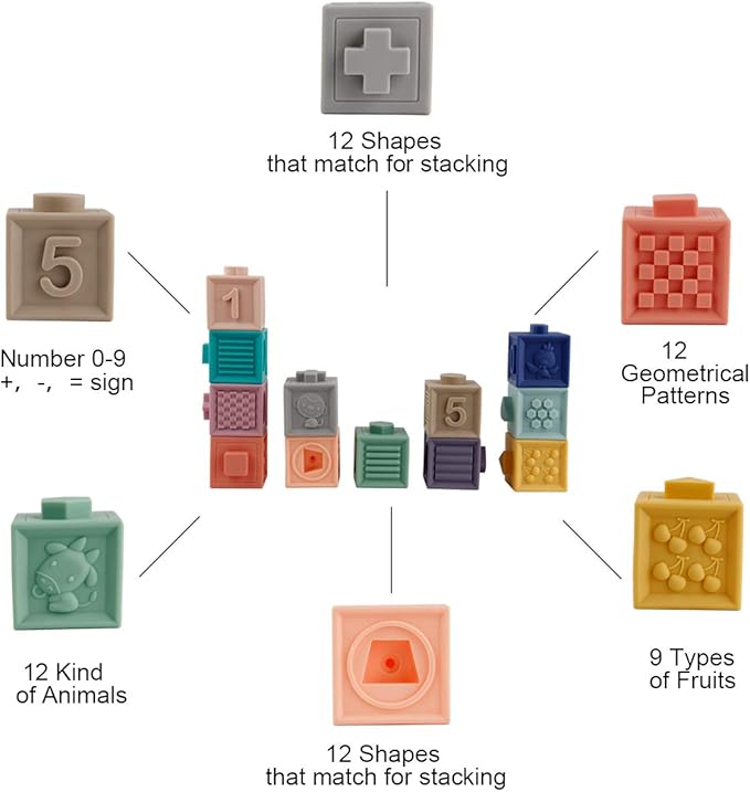 Mini Tudou Baby Blocks Soft Building Blocks Baby Toys Teethers Toy Educational Squeeze Play with Numbers Animals Shapes Textures 6 Months and Up 12PCS