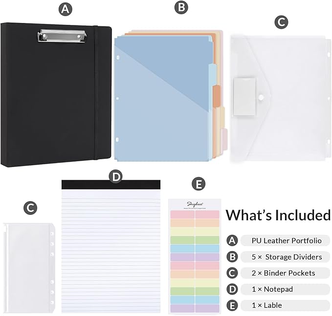 SKYDUE Clipboard Binder with Refillable Notepad, PU Clipboard Folder Includes 5 Dividers with 10 Pockets, Labels, 3 Ring Binder 1 Inch for School Office (Fit Letter Sized Paper), Black