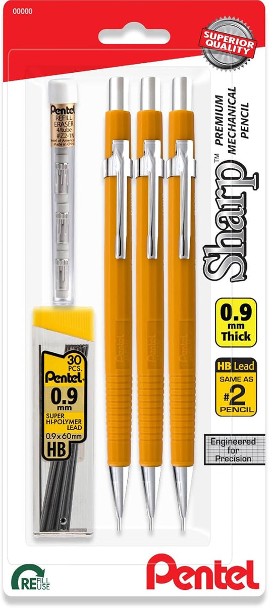 Pentel Sharp Mechanical Pencil 0.9mm With Lead & Eraser Refills, Yellow Barrel - Pack of 3