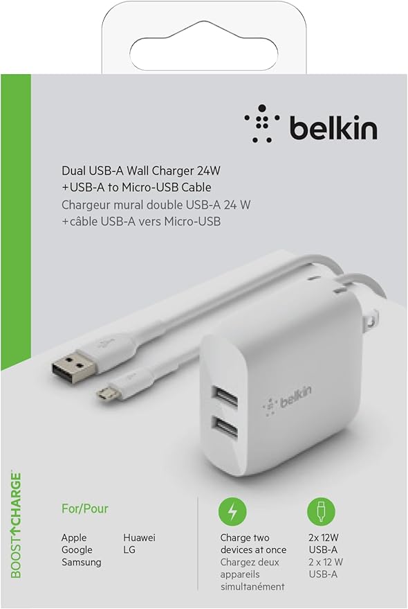 Belkin Dual Port USB Charger Block 24W - Micro USB Cable Included - iPhone Fast Charging – iPhone 17, Air, Pro, Pro Max, iPad, AirPods, Apple Watch, Samsung S25, Google Pixel 10, etc. - White
