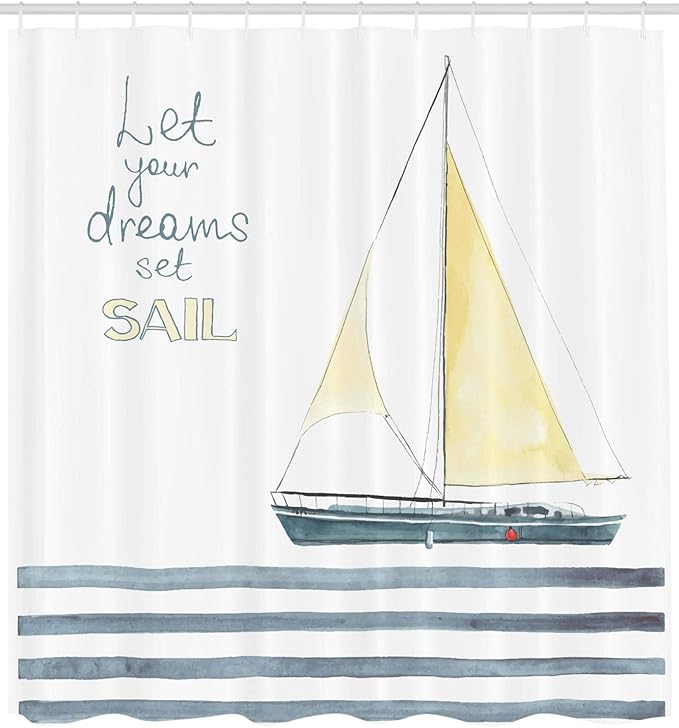 Ambesonne Nautical Shower Curtain, Let Your Dreams Set Sail Words Stripes Yacht Interior Navigation Theme, Cloth Fabric Bathroom Decor Set with Hooks, 69" W x 70" L, Pale Blue White