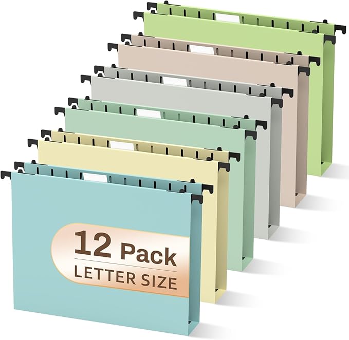 12 Pack Hanging Folders Letter Size, 2" Pastel Hanging Files Folders, Plastic Hanging Folders for Filing Cabinet Home Office, Colored Filing Folder Hanging, Insertable 1/5-Cut Tabs