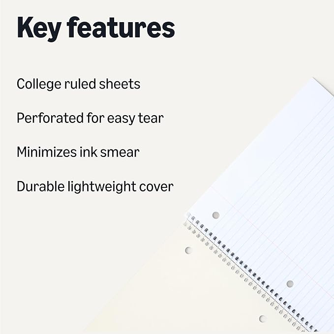 Amazon Basics College-Ruled Spiral Notebook, For Work and School, 70 Sheets, 8" x 10.5", Assorted Pastel Solid Colors, 5-Pack