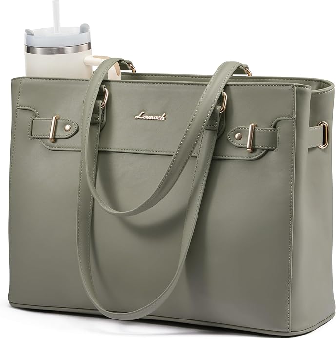 LOVEVOOK Laptop Tote Bag for Women Work, Teacher Tote Bag with Large Cup Holder, 15.6 Inch Waterproof Leather Computer Bag