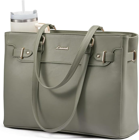 LOVEVOOK Laptop Tote Bag for Women Work, Teacher Tote Bag with Large Cup Holder, 15.6 Inch Waterproof Leather Computer Bag