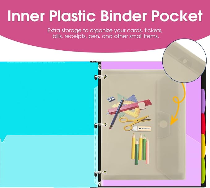 INFUN 1 Inch 3-Ring Telescoping Project Organizer Binder-2PCS,13 Pocket, Customizable Front Cover, 5 Colors Pocket Divider and Plastic Binder Pocket，225 Sheet Capacity-White