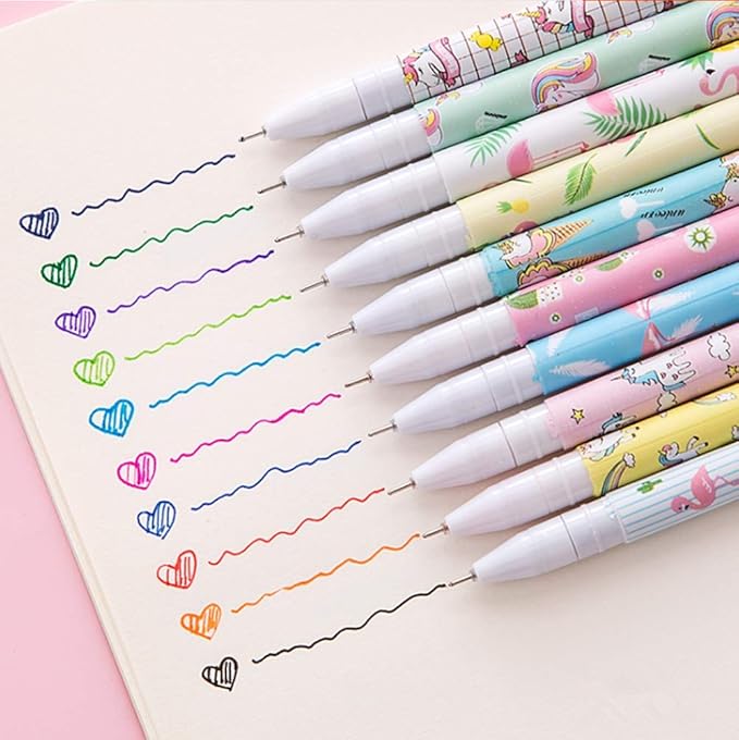 Cute Colorful Gel Ink Pens Set Unicorn Flamingo Multicolor 10 Pcs 0.5 mm