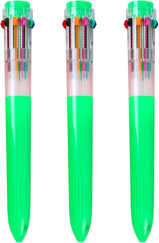 HeTaoCat Multicolor Pens 3 Pack 0.5mm 10-in-1 Retractable Ballpoint Pens - 10 Colors Transparent Barrel Ballpoint Pen for Office Supplies (Green)