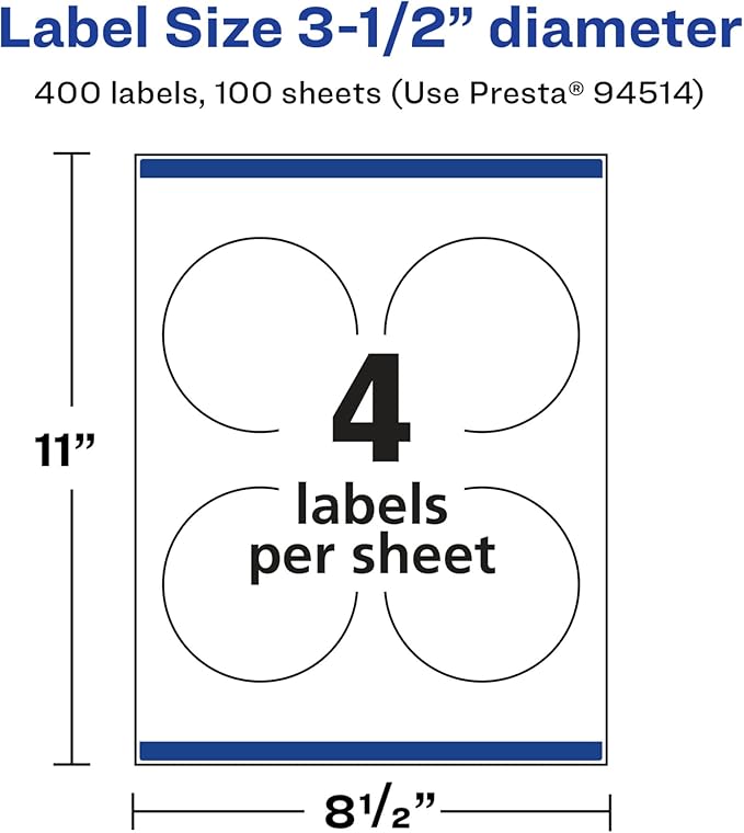 Avery Glossy White Round Labels, Sure Feed Technology, 3.5" Diameter, 400 Glossy White Labels, Print-to-The-Edge, Permanent Adhesive, Laser/Inkjet Printable