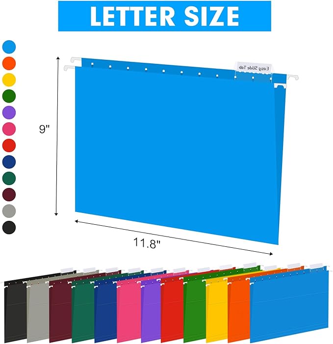 HERKKA Hanging File Folders, 60 Pack Reinforced Letter Size Hanging Folders with Heavy Duty 0 Inch Expansion, Designed for Bulky Files, Medical Charts, 1/5-Cut Adjustable Tabs, 12 Assorted Colors