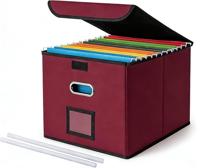 CADONO File Organizer Box with Lid, Collapsible File Folder Organizer with Plastic Slide, Hanging File Folder Box for Office Document Storage