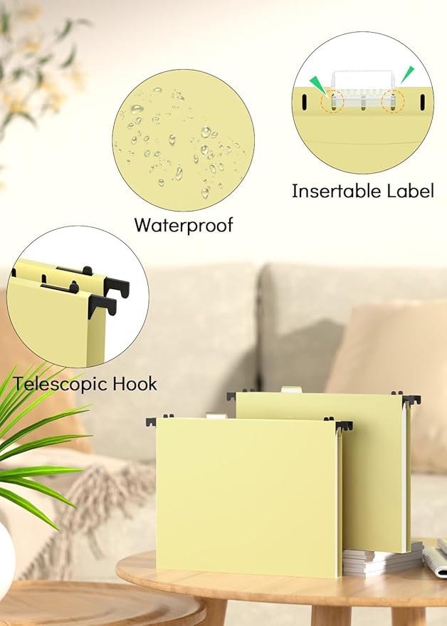 Extra Capacity Plastic Hanging File Folder, 12 Pack Reinforced Hang Folders Letter Size, Heavy Duty 1 Inch Expansion Filing Cabinet Folders, for Bulk Files, Medical Charts, Cream Yellow