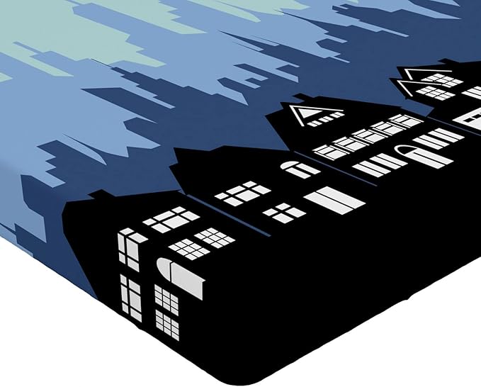 Ambesonne Silhouette Fitted Sheet, City Houses Business Skyline Urban Outdoor Scene Illustration, Bed Cover with All-Round Elastic Deep Pocket for Comfort, Full Size, Black Seafoam and Blue Grey