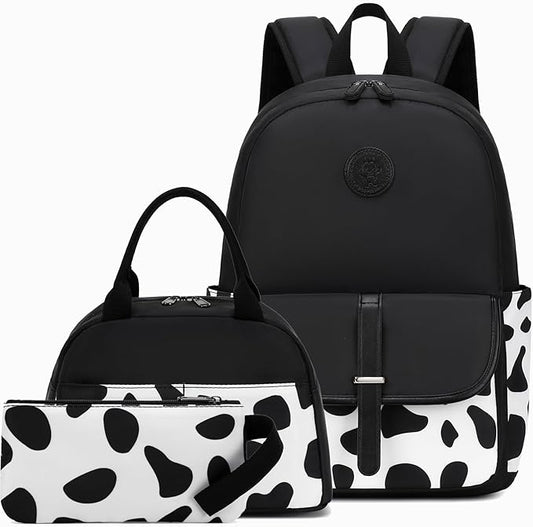 School Backpack for Girls Teens Bookbag with Lunch Box Set Kids Backpack Elementary Middle School Bag Daypack, Black Cow