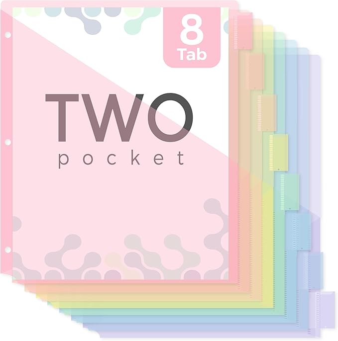 SKYDUE Pastel Binder Dividers with Tabs and Pockets - Soft Plastic Dividers for 3 Ring Binder, Includes 16 Blank Index Labels, for School & Office Organization, Pink