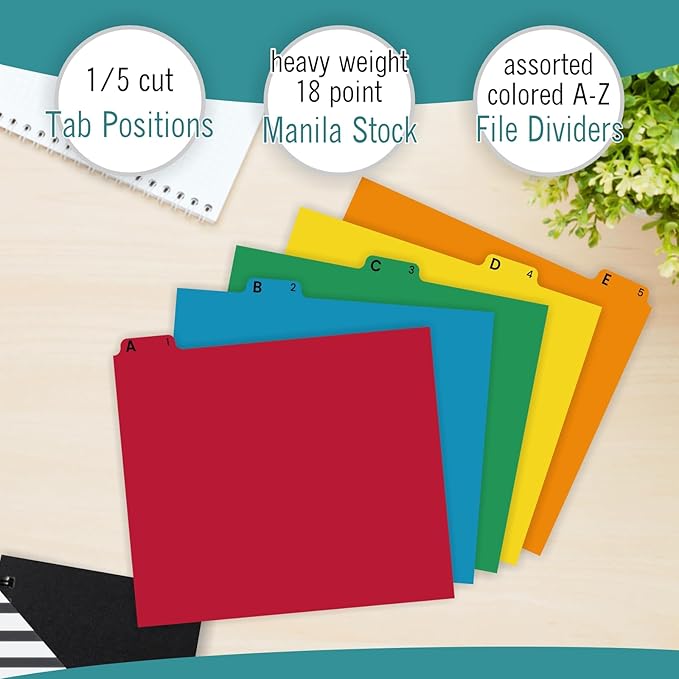 EXTRIC Alphabetical File Organizer, 25 Alphabet Dividers with Tabs for File Cabinet and Desk Organization Standard Letter Size A-Z Filing Dividers, 5 Assorted Colors with 1/5 Cut Tab Positions