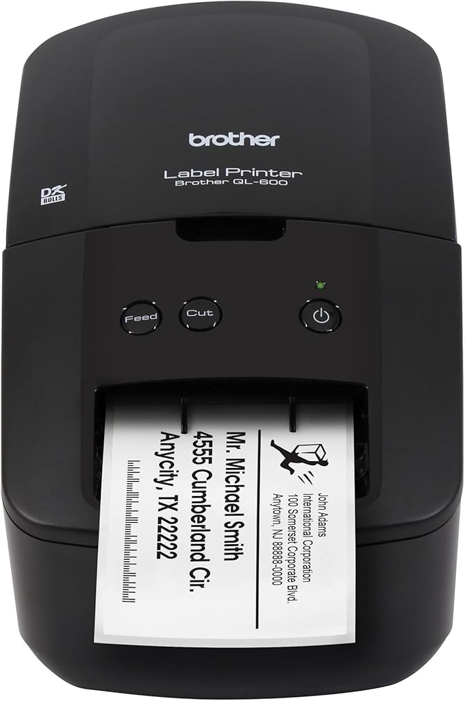 Brother QL-600 Desktop Monochrome Label Printer, up to 2.4" Label Width, No Ink Required, uses Brother Genuine DK Drop-in Rolls for Fast Labeling and Easy Integration with Microsoft Applications