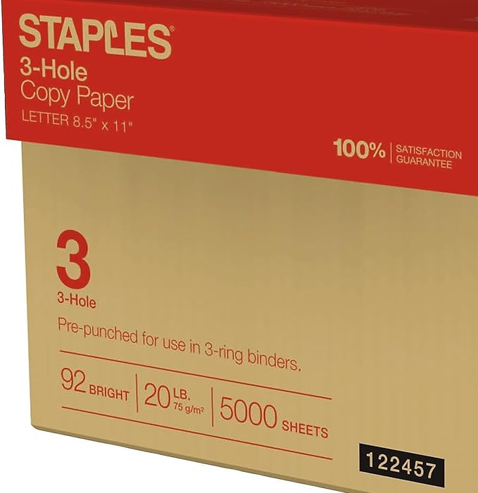 Staples Copy Paper, 8 1/2" x 11", 3 Hole Punched, Case, For Office, School & Home