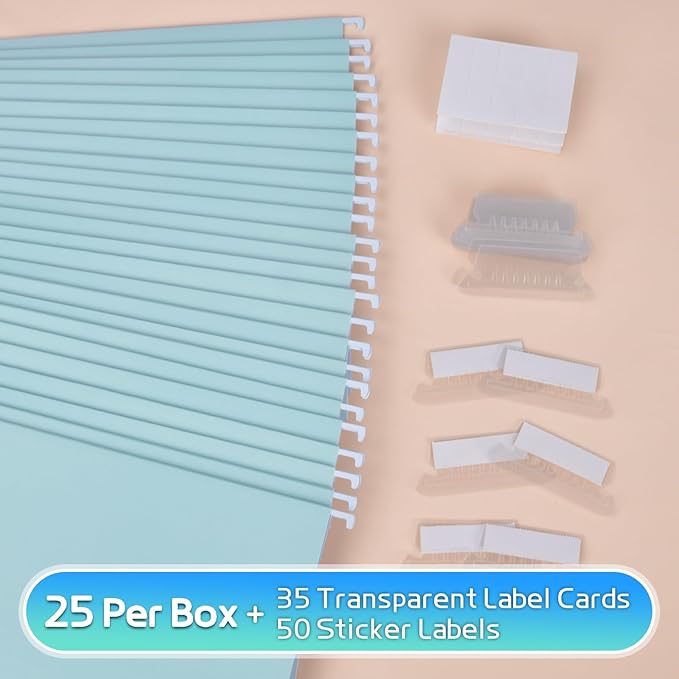 25-Pack Hanging File Folders, Letter Size, Includes 35 Transparent Label Cards & 50 Sticker Labels,1/5-Cut Tabs for Home & Office Organization(Light Blue)