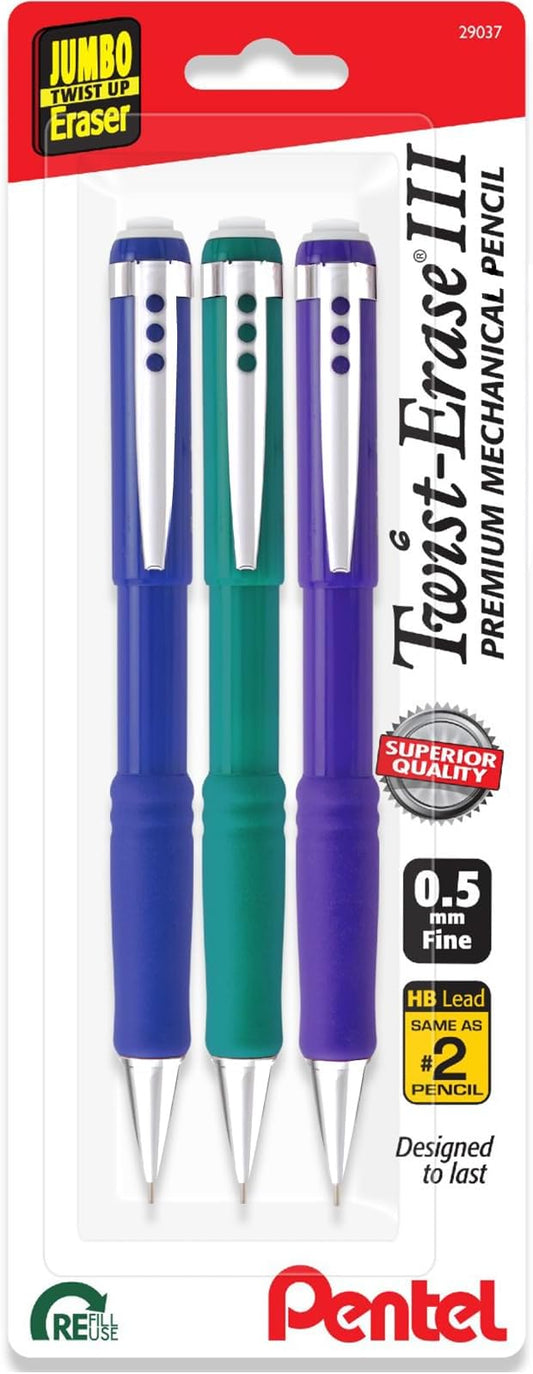 Pentel Twist Erase III Premium Mechanical Pencils 0.5mm - Pack of 3 (Green, Blue & Violet)