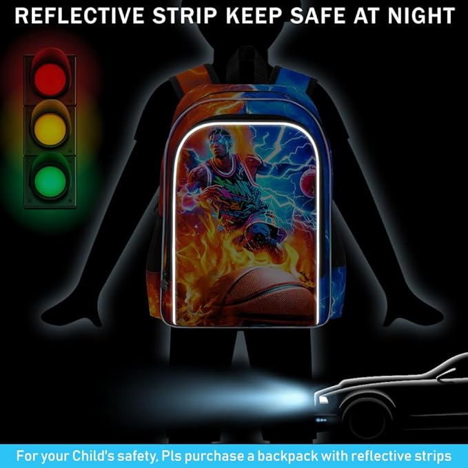 gxtvo 3PCS Kids Basketball Backpack for Boys, 17" School Bag with Lunch Box, Water Resistant Lightning Bookbag Middle Elementary - Fire & Lightning Basketball Player