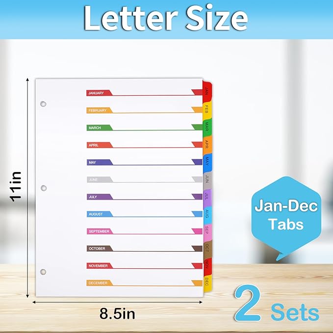 Monthly Binder Dividers for 3 Ring Binder, COIDEA Jan-Dec Dividers for 3 Ring Binder, 12 Tabs Multicolor Month Binder Dividers with Customizable Table of Contents Page for School Office Organizing