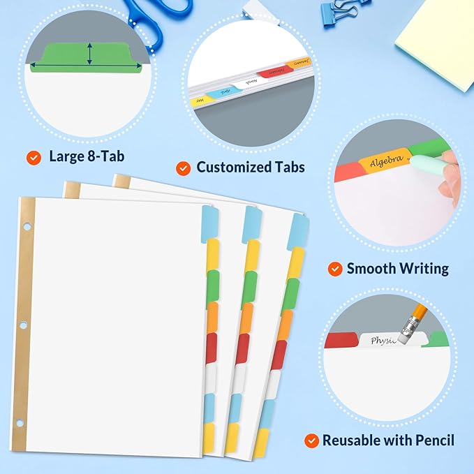 SUNEE Binder Dividers with Colorful Write On & Erase Tabs for 3 Ring Binder, 8.5 x 11 Paper White Reusable Dividers Blank with 8 Tabs, 12 Sets Page Dividers for School, Office and Home, 96 Dividers