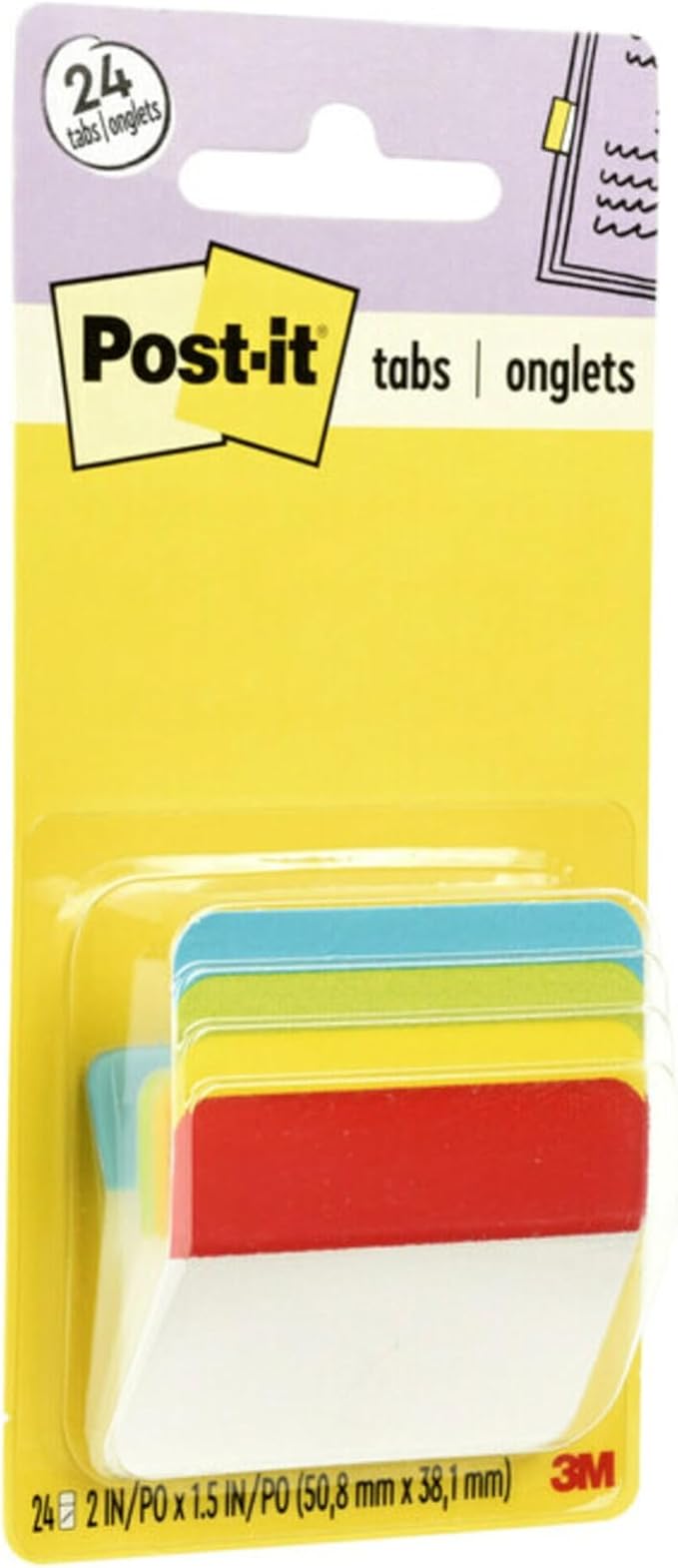 Post-it Tabs, 2 in Angled Solid, Assorted Primary Colors, 6 Tabs/Color, 4 Colors, 24 Tabs/Pack (686A-ALYR) (Pack of 2)