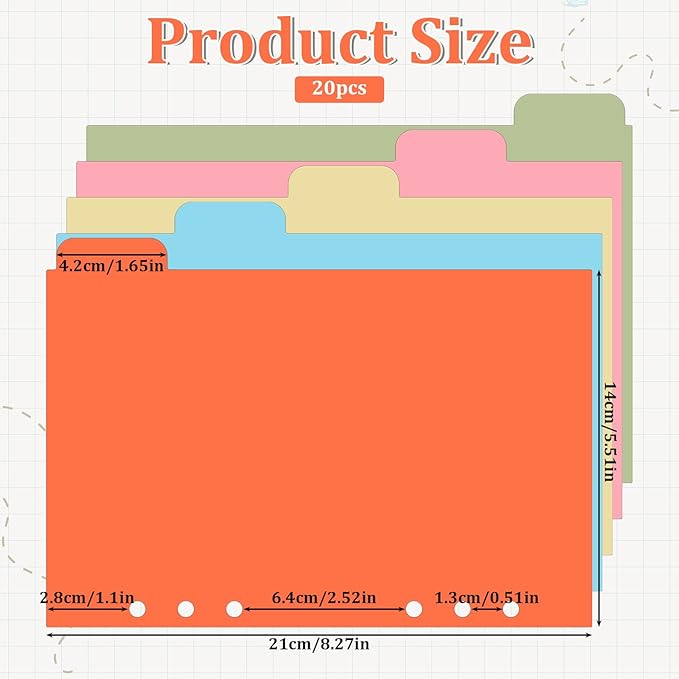 4 Pcs A5 Binder Dividers with 20 Tabs, Paper Index Divider, 6 Ring A5 Planner Inserts, Vertical Tabs Page, Index Divider for Notebook, Journal, Planner, Work Organization (5 Colors, 8.3 x 5.9 Inch)