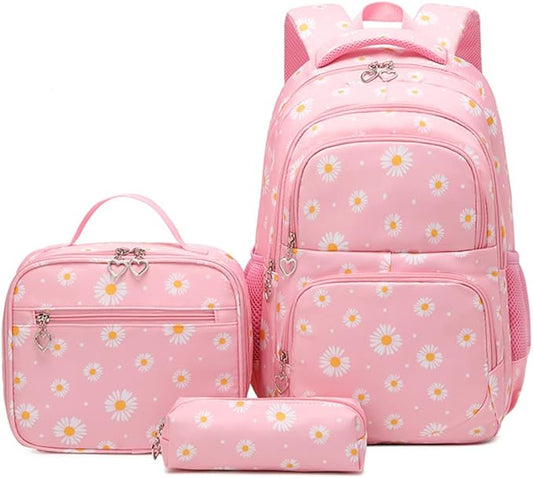 YJMKOI 3Pcs Daisy Prints Backpack for Girls Middle-School Elementary Students Bookbag Set with Lunch Box (Pink)