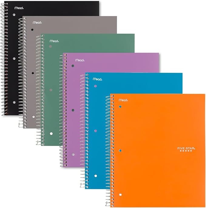 Five Star Spiral Notebook + Study App, 2 Subject, College Ruled, 8-1/2" x 11", 120 Sheets, Fights Ink Bleed, Purple, Orange, Green, Blue, Gray, Black, Color Will Vary, 1 Count (824230)