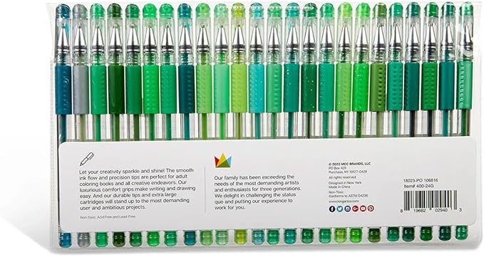 KINGART Green Tones Rollerball Gel Pens, Set of 24 Colors, XL Ink Cartridge - More Ink, All Ages, Writing, Coloring, Doodling, Scrapbooking, Journaling & More