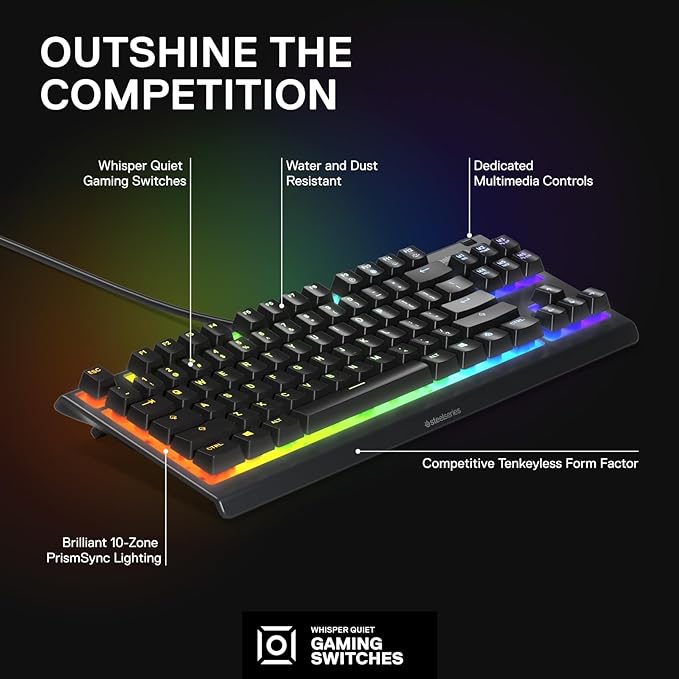 SteelSeries Apex 3 TKL RGB Gaming Keyboard – Tenkeyless Compact Form Factor - 8-Zone RGB Illumination – IP32 Water & Dust Resistant – Whisper Quiet Gaming Switch – Gaming Grade Anti-Ghosting,Black