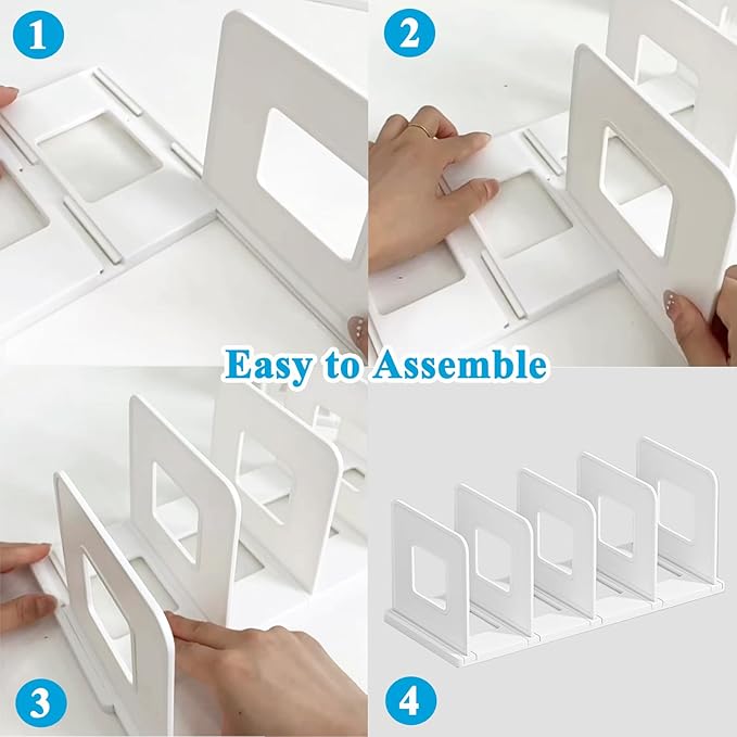SAYEEC Desk File Sorter Vertical Desktop File Folder Organizer 4 Section Plastic Book Holder Adjustable Shelf Dividers Closet Purse Handbag Mail Binder Organizer Magazine Rack Stand Bookshelf (White)