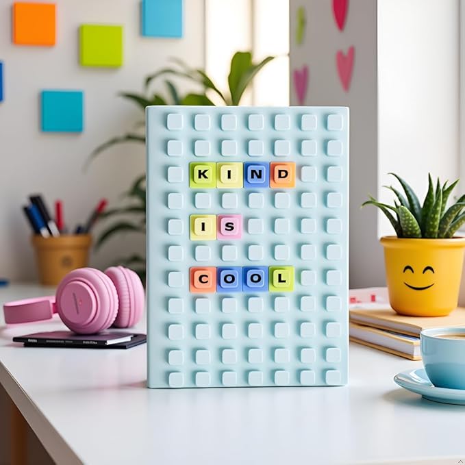 Pearhead Customizable Letterboard Journal with Silicone Cover – Fidget Notebook with Letters and Symbols, Lined Pages for Writing & Planning, Blue