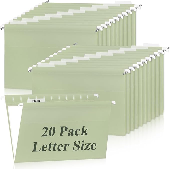 Letter Size Green Hanging File Folders Hanging Document Folder Plastic Transparent Hanging File Folder for File Cabinets Document Filing (20, Sage Green)