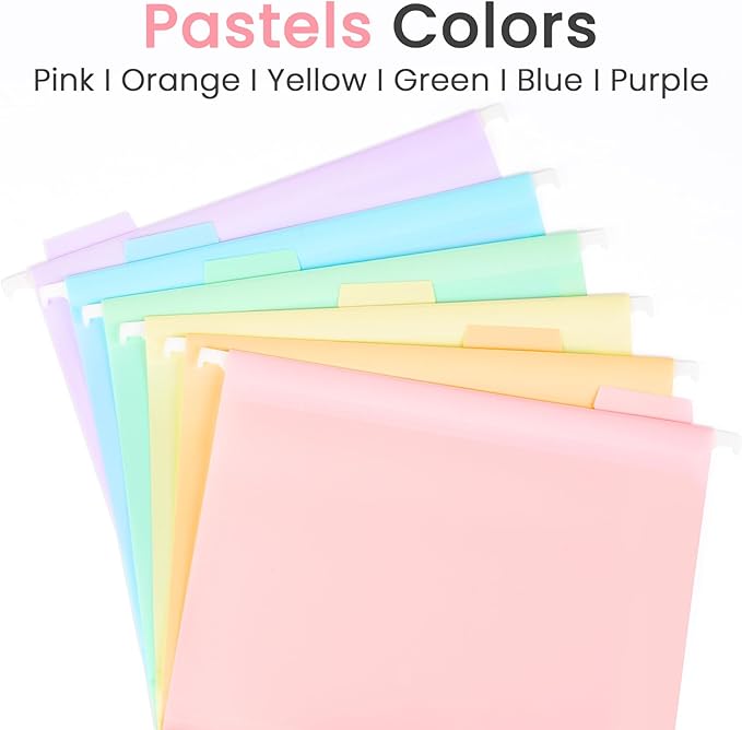 Sooez Tear-Resistant Plastic Hanging File Folders Letter Size, 12 Count File Organizer Suitable for File Cabinet Filing Cabinets, 1/6-cut Adjustable Tabs for Office, School, Pastels Colors, Blue
