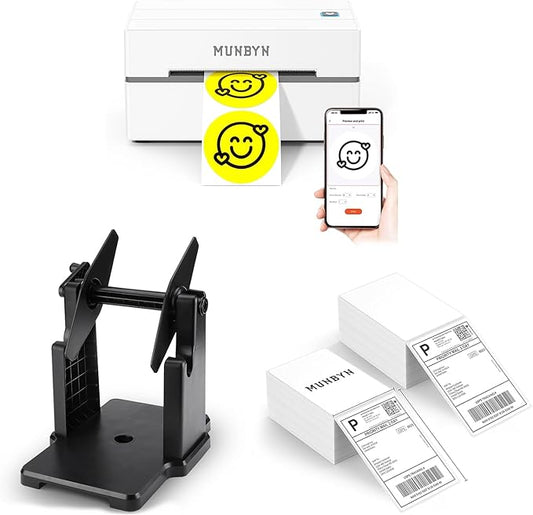 MUNBYN 130B Bluetooth Thermal Label Printer+4x6 Inch Direct Thermal Labels, 1000 Labels/2 Stacks+2 in 1 External Rolls Label Holder