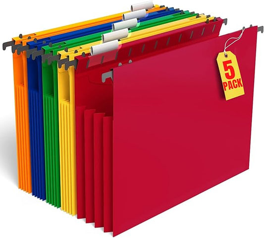 1InTheOffice Poly Expanding Hanging File Folders Letter Size, Hanging File Pocket, File Cabinet Dividers, Assorted,