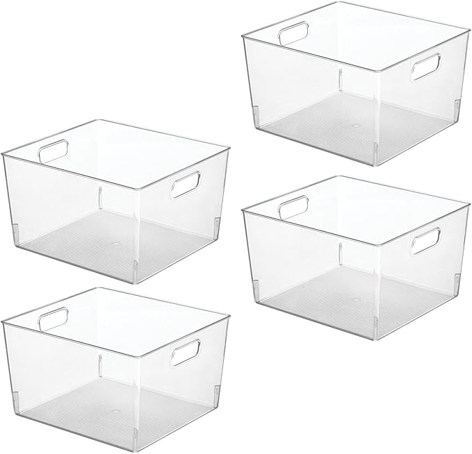 mDesign Plastic Stackable Bin Storage Organizer Basket Container with Handle for Home Office, Kitchen Cabinet, Pantry Shelf Organization - Holds Notebook, Books, Food - Ligne Collection, 4 Pack, Clear